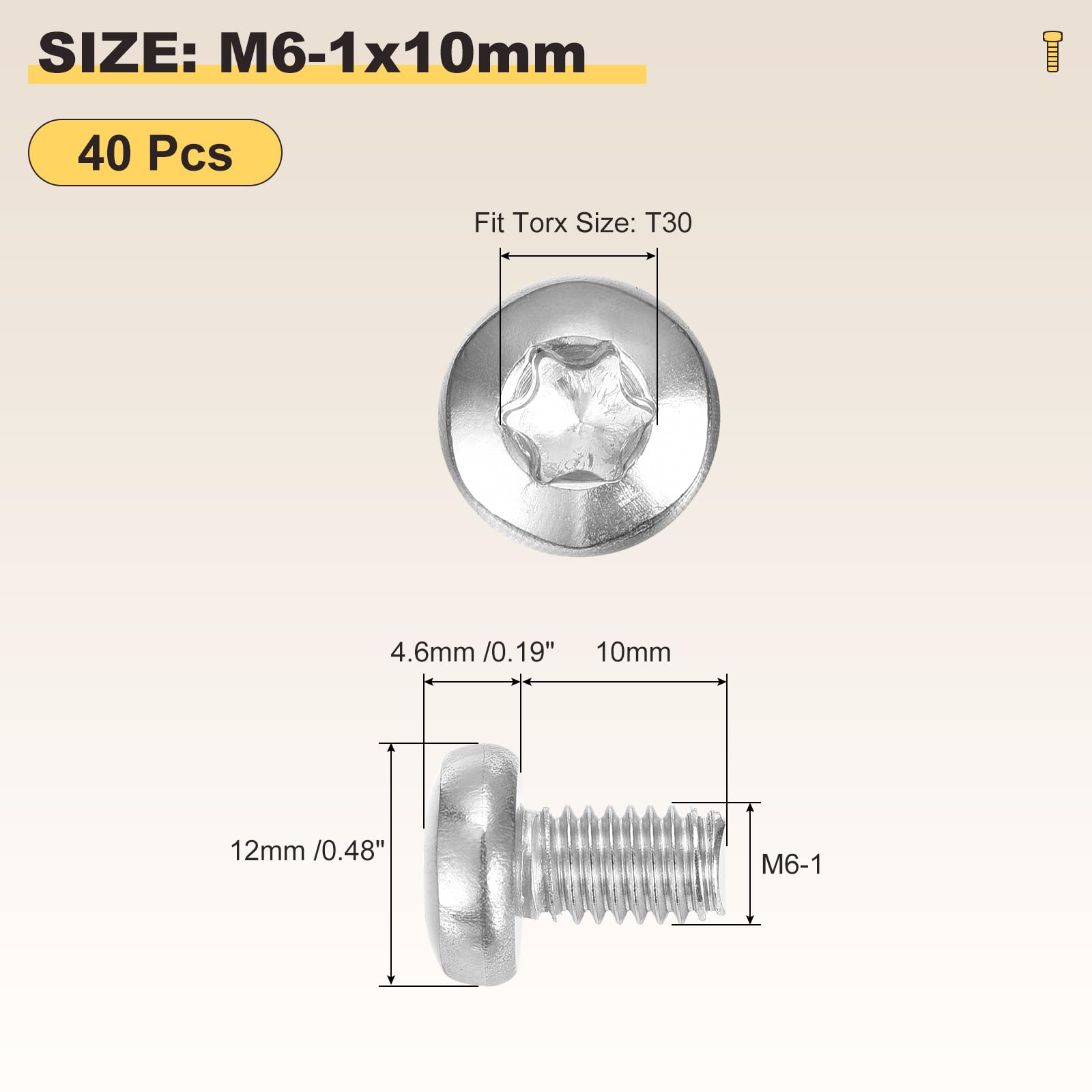 METALLIXITY Pan Head Torx Security Screws Bolts (M6-1x10mm) 40Pcs, Button Torx Head Machine Screws 304 Stainless Steel - Image 2