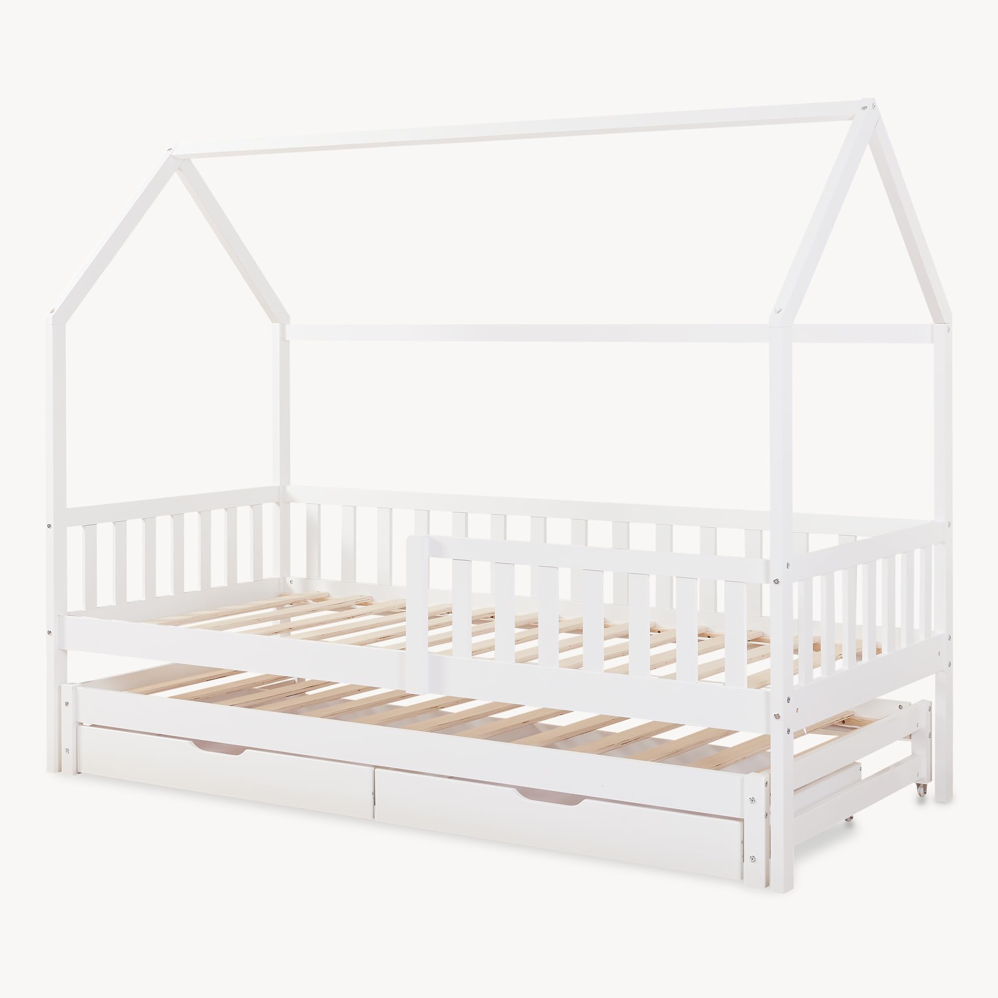 [en.casa] Letto per Cameretta a Forma di Casetta con Letto Estraibile Struttura in Legno di Pino a 2 Piazze con Barriera Anticaduta e 2 Cassetti 90x200 cm - Bianco