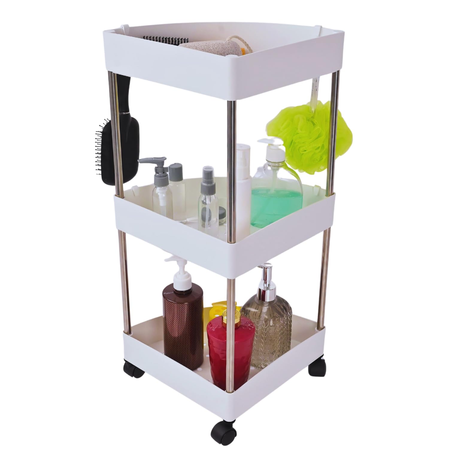 JIALTO 3 Tier Kitchen Trolley Rack, Kitchen Triangle Storage Multi-Tier Rack Plastic Organization with Handle & Wheels Free Standing/Organizer Racks Self/Racks for Storage Multipurpose - White