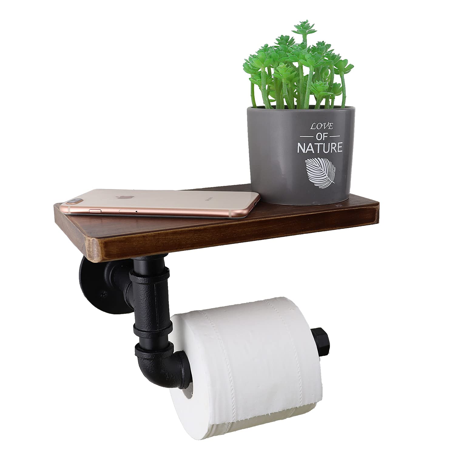 Buy Crehomfy Toilet Paper Holder Wall with Rustic Wooden Shelf, Industrial Pipe Matte Black