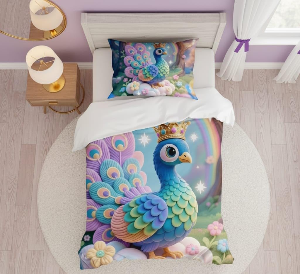 180TC Glace Cotton 7D Kids Digital Panel Print Flat 1 Single Bed Sheet with 1 Pillow Cover (60x90Inch) Baby Peacock-image-12