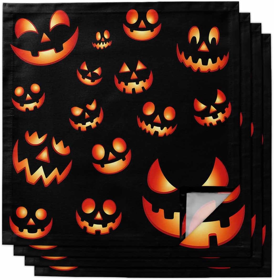 Halloween Cloth Napkins Set of 4 - Washable Dinner Napkins Reusable Table Napkins for Home Party Weeding Dining Table Setting Decoration,Black Orange Horro Skull Pumpkins Fall Holiday Oversized