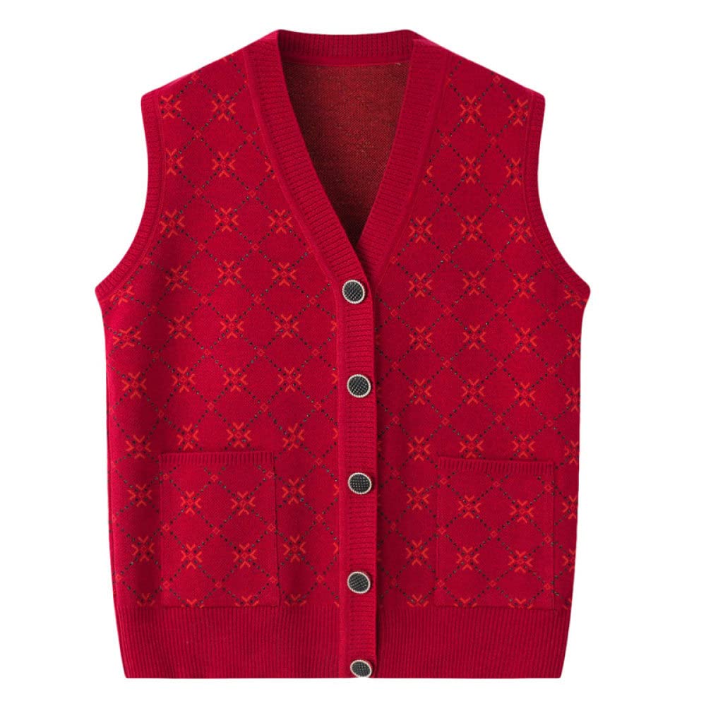Damen Weste,Damen V-Ausschnitt Pullover Weste Vintage Burgund Rhombus Plaid Button Cardigan Mit Taschen Ältere Ärmellose Strickwesten Weste Pullover Tank Top