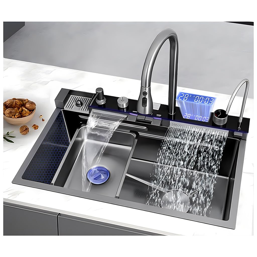 ZQFHSX Gold Kitchen Bar Sink With Pull Out Faucet, Glass Washer And Drain Kits, Large Workstation Sink, Single Bowl Waterfall Multifunctional Farmhouse For Top Mount(Black,80x46x22cm)