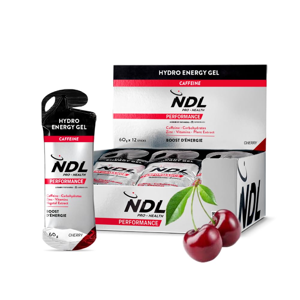 NDL Pro-Health Gel Énergétique avec caféine | énergie pour sport | CHERRY | énergie rapide pour sport d’endurance, glucides et électrolytes, 12x60 g – Rafa Nadal & Cantabria Labs