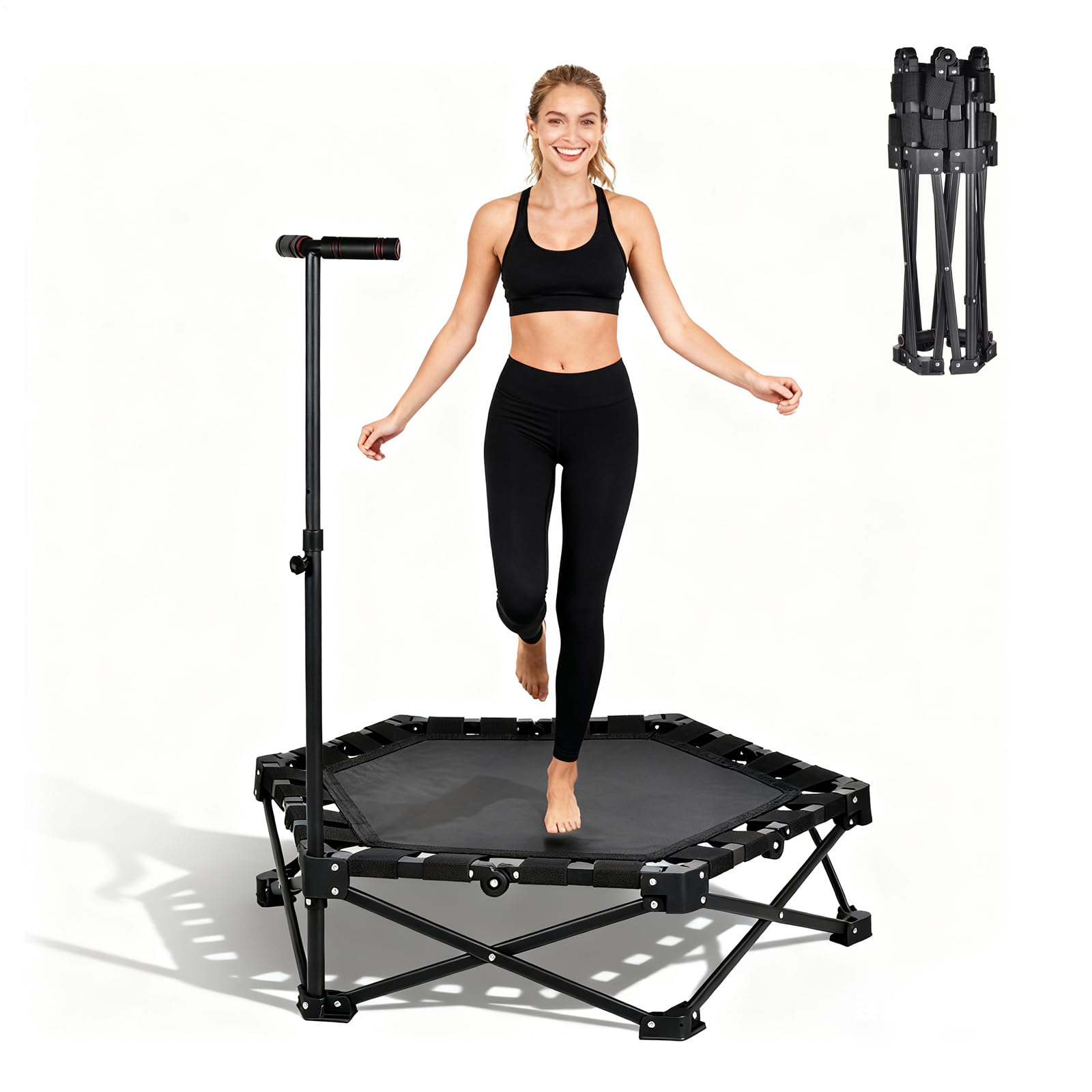 Mini Trampolino Fitness Pieghevole, Trampolino Rimbalzante Pieghevole Con Maniglia Regolabile, Silenzioso E Delicato Sulle Articolazioni, Elastici Extra Larghi, Capacità Di Peso Di 150 Kg