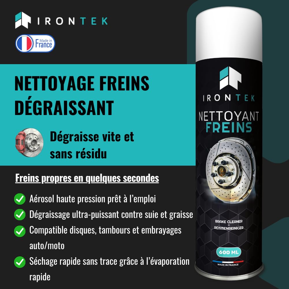 Nettoyant Dégraissant Freins 600 ML Lot de 12 - IRONTEK | IT294 | Aérosol Professionnel | Jet Puissant Séchage Rapide | Élimine Graisse Suie Poussières | Auto Moto | fabriqué en France (12)