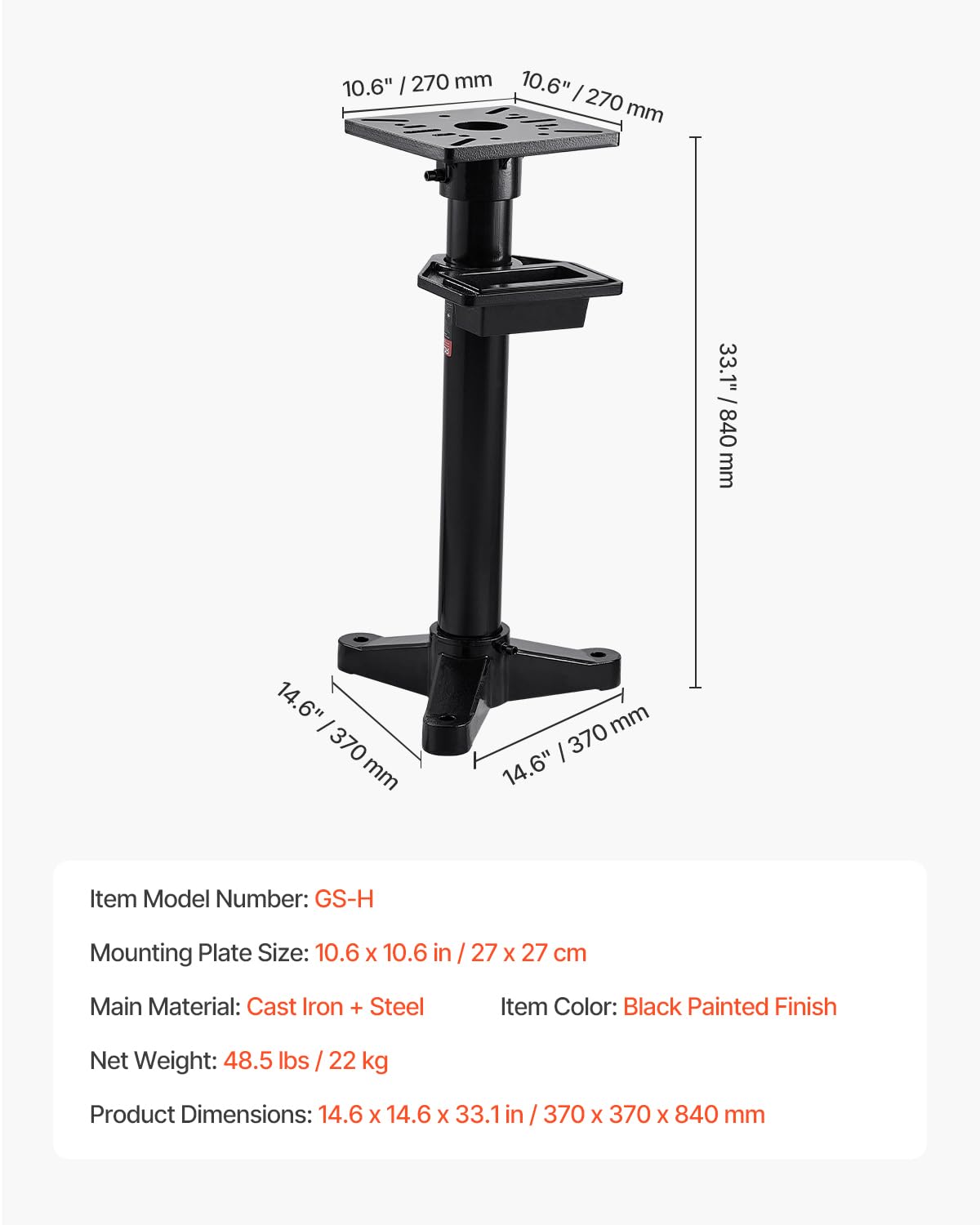 VEVOR Soporte para Amoladora de Banco, Pedestal de Suelo Resistente con Tornillo de Banco y Placa de Montaje 27 x 27 cm, Ranuras de Montaje Precortadas y Depósito de Agua, 370 x 370 x 840 mm