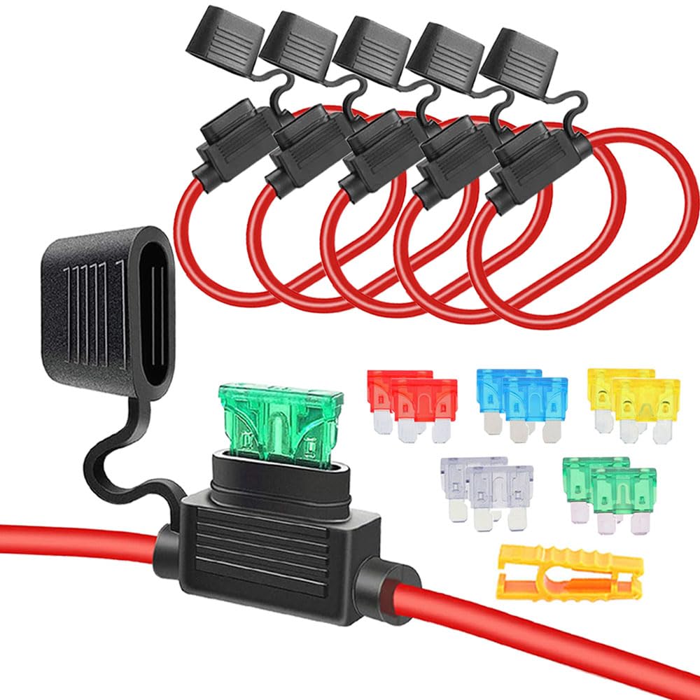 5 Sztuk 32V Średni Uchwyt Bezpiecznika Inline, Wodoodporny Uchwyt Bezpiecznika Samochodowego z Przewodem 16 AWG, Bezpłatne 10 Sztuk Standardowy Bezpieczników i Ściągacz Bezpieczników