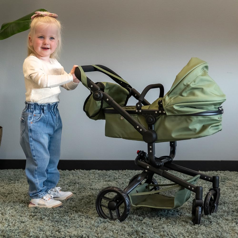 Bandits & Angels Puppenwagen Grün Modern Angel 2in1 Retro Grün ab 3 Jahren – Puppenbuggy – Für Mädchen – Verstellbarer Schieber 48-81 cm – Komplett zusammenklappbar – Mit Einkaufskorb