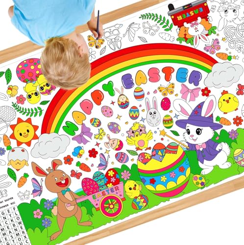 Easter Coloring Tablecloth Easter Crafts for Kids, Easter Tablecloth (72x35in) Coloring Banner Poster for Kids with Bunny & Egg Theme, Easter Basket Essentials Gifts Games Activities Party Decorations