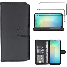 Compatible with for Galaxy A06 Wallet Case [2 Pack] Tempered Glass Screen Protector, Leather Flip Credit Card Holder Stand Phone Cover, for Samsung Galaxy A06 Case Black