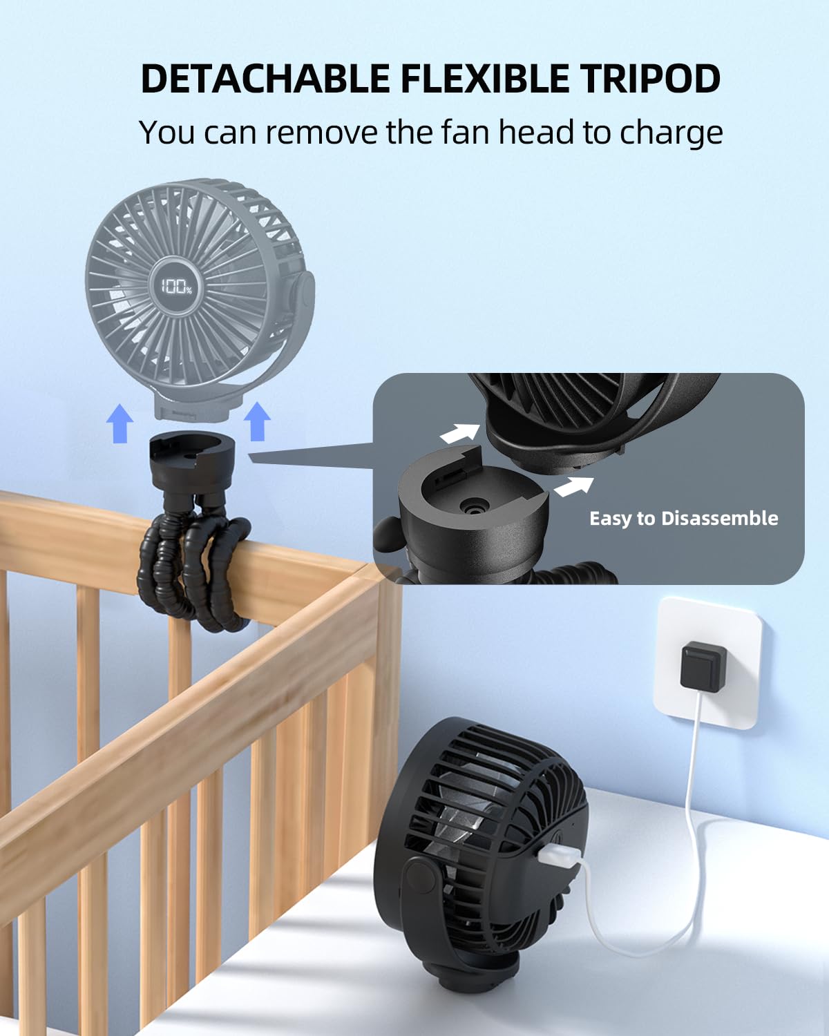 KIDEE Portable Pram Fan, Small Rechargeable Clip On Fan with Digital Display, 2000mAh, 3 Speeds 360° Rotate Mini Cooling Fan for Stroller, Buggy, Car Seat, Crib & Travel — view 7