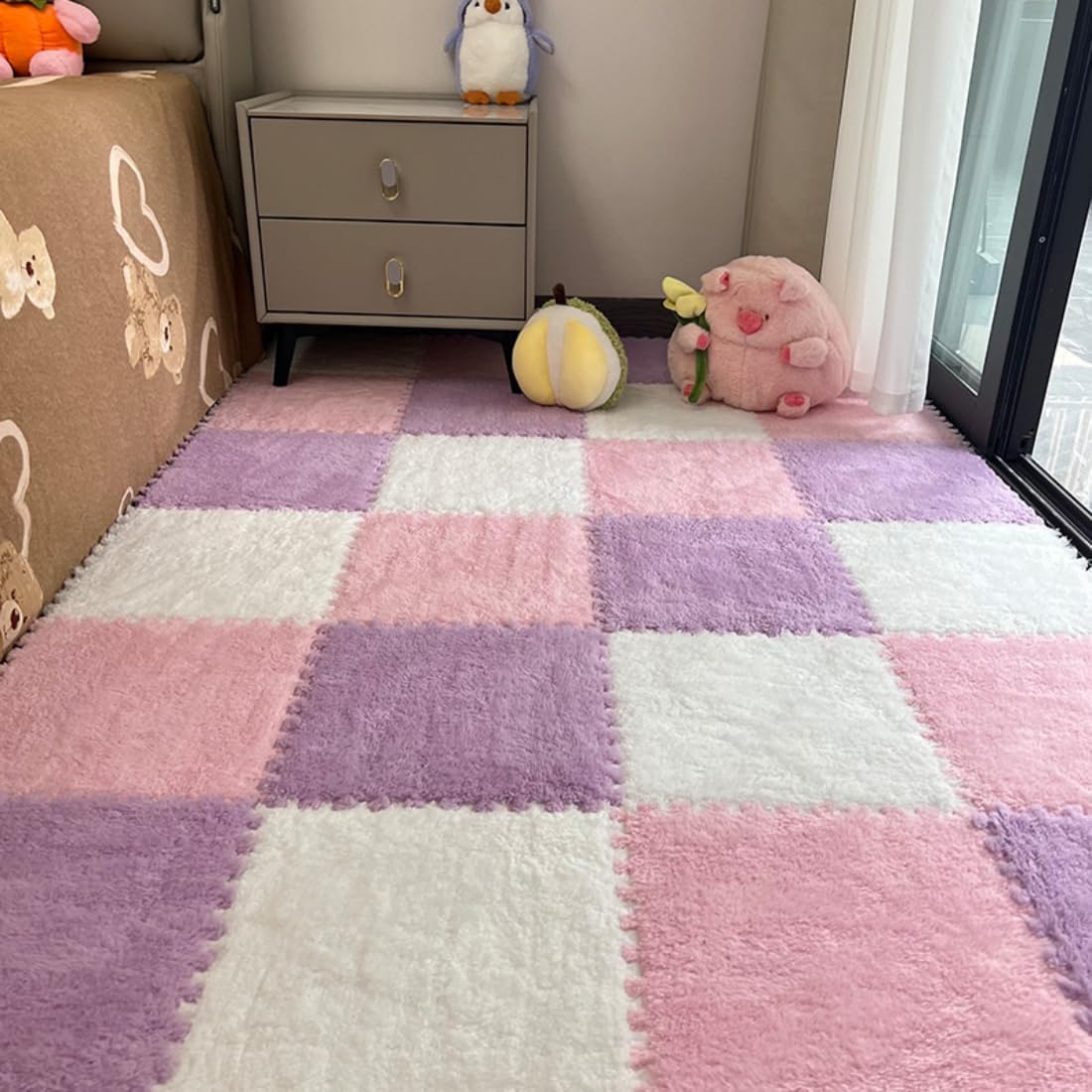 12Pcs Interlocking Carpet Tiles,12"x 12" Plush Interlocking Foam Carpet Tiles with Border,Fluffy Play Mat Floor Tiles Thick Padded Squares Foam Tiles for Playroom Decor (Khaki+Coffee)
