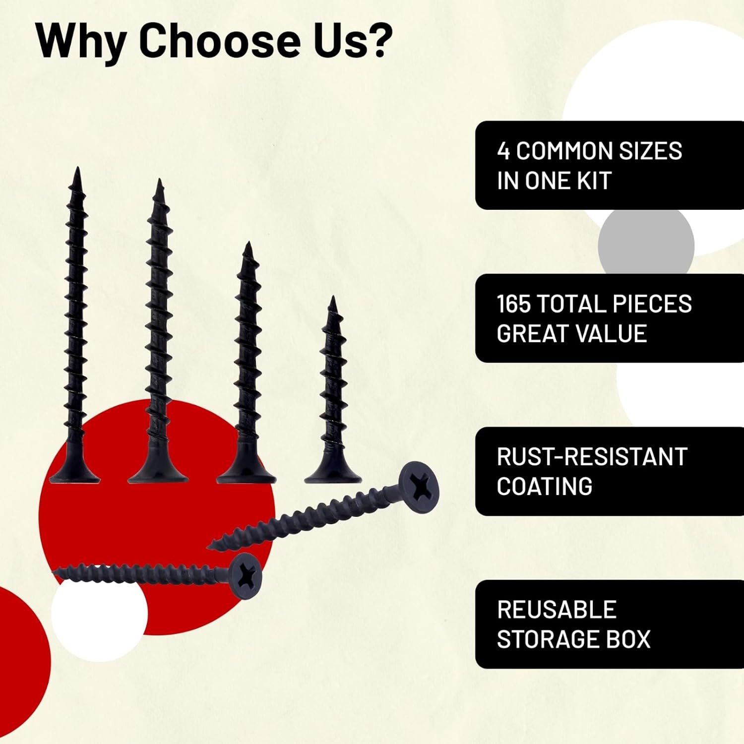 165pcs Drywall Screws Kit #6 Black Wood Screws for Sheetrock, Picture Hanging Nails, Wall Anchors, Home Improvement Tools Assortment 1", 1-1/4", 1-5/8", 2"