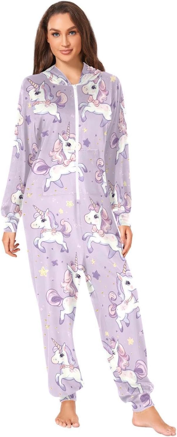 ZZKKO Purple House Bows Cartoon Cute Adult Onesie Pajamas for Women Men Cozy One Piece Pajamas Costume Zip-Up Hooded S-XL