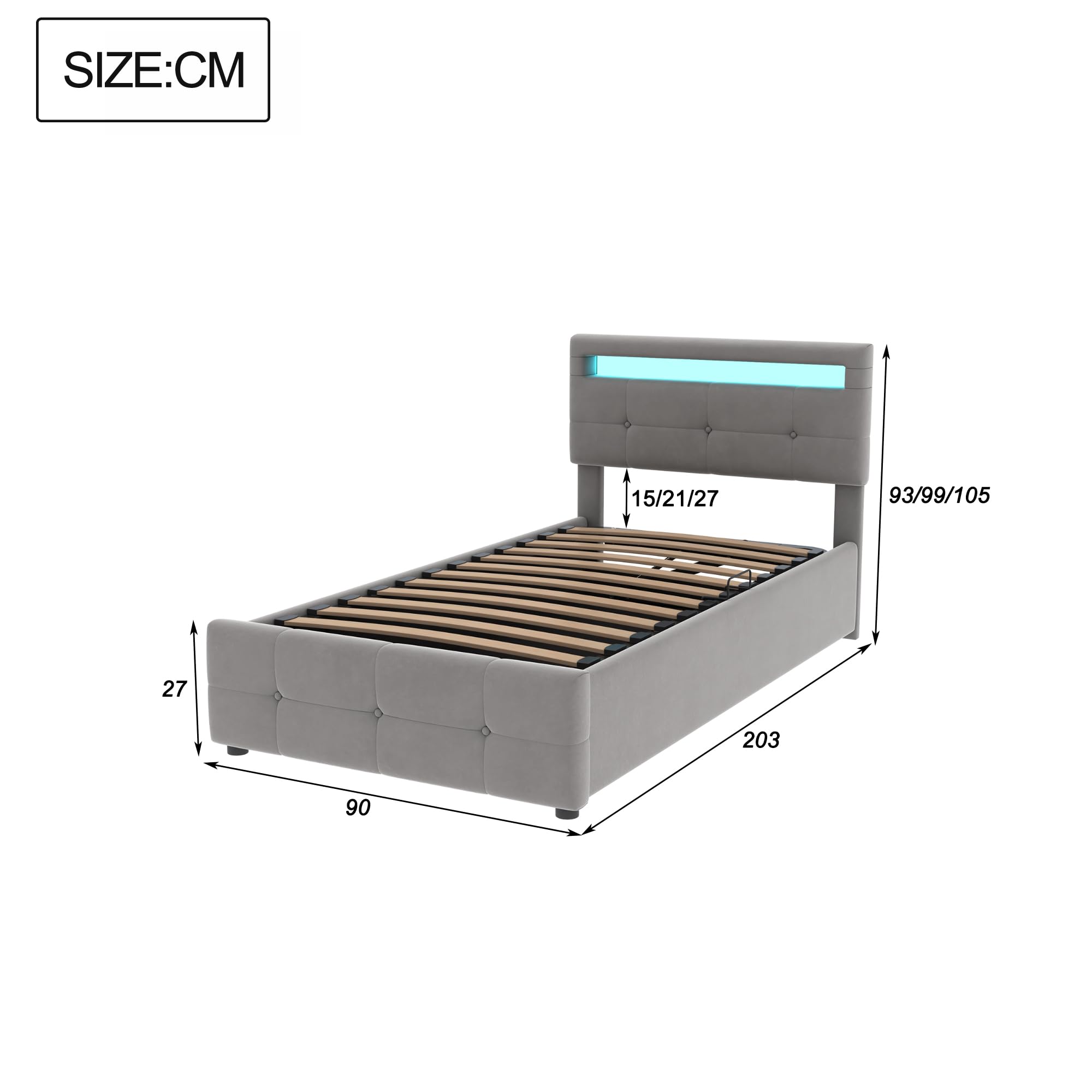 LAKFEW Cama Individual 90x200 cm con Almacenamiento Hidráulico y LED, Camas Juveniles Cama 90 con Cabecero Ajustable, Cama Juvenil, Terciopelo, Gris, Sin Colchón