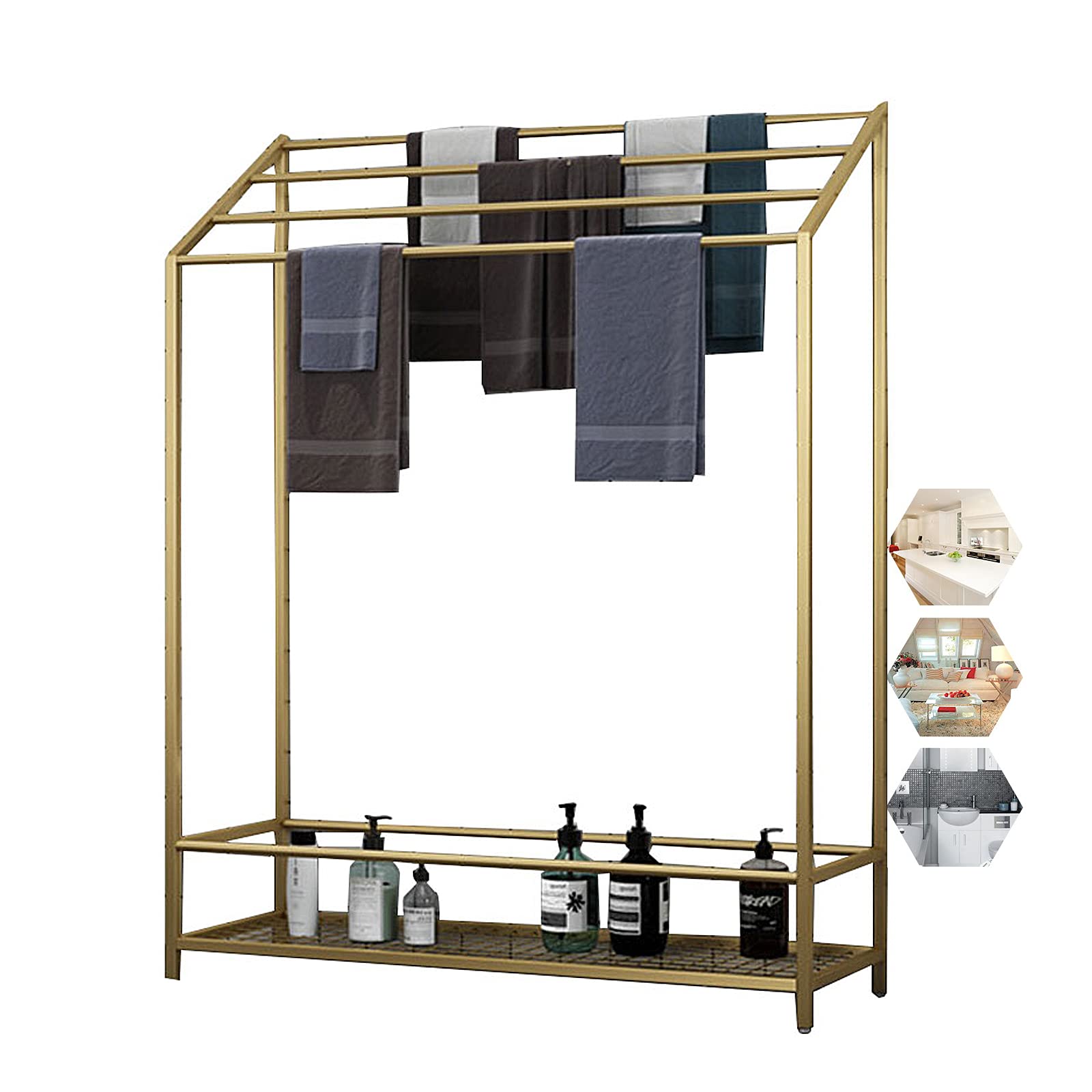 Toallero de baño de pie de acero inoxidable con estante dorado de 80 cm