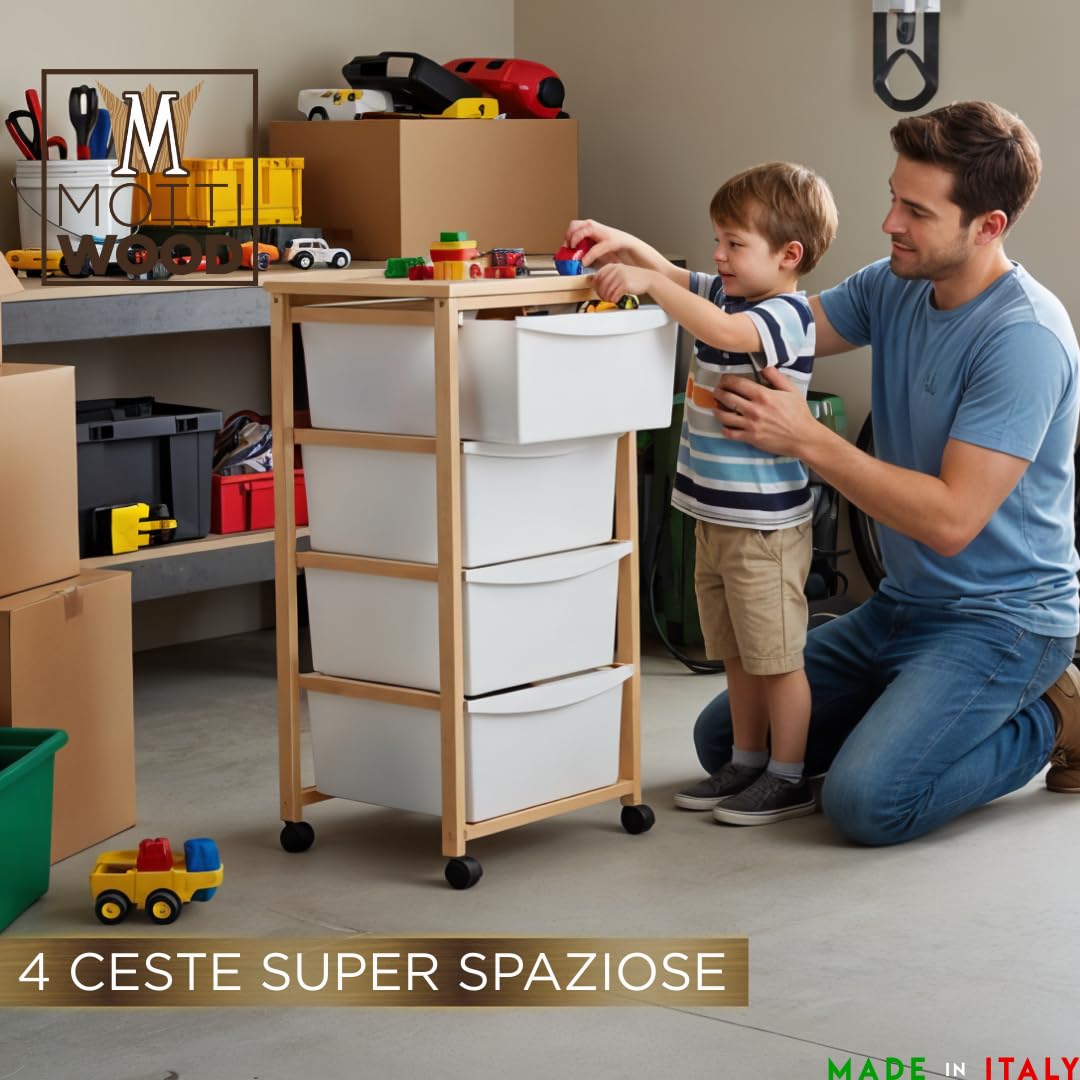 Carrello Multiuso in Legno di Faggio, 4 Cassetti Estraibili, Cassettiera Salva Spazio, 36x34xh82