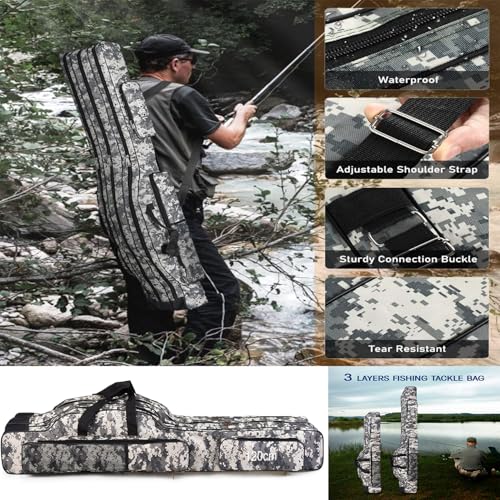 Srempeom 3 Layers Fishing Pole Bag,Portable 3 Layers Oxford Folding Rod Carry Case,Fishing Reel Tackle Storage Bag Case,150cm/59inch