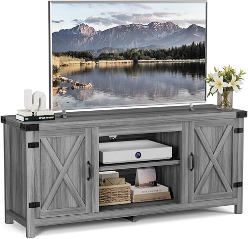 Miniatura 7 de YESHOMY - Soporte de TV moderno de granja con dos puertas de granero y armarios de almacenamiento para televisores de hasta 65+ pulgadas, mesa