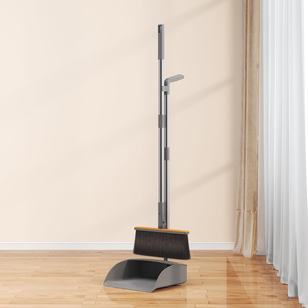 CHIPRI Broom and Dustpan Set with Lid for Home Indoor Dust Pan with Combo 3 Foot Long Stainless Standing Upright for Room Office Home Kitchen Floor Whisk Brush Set-image-6