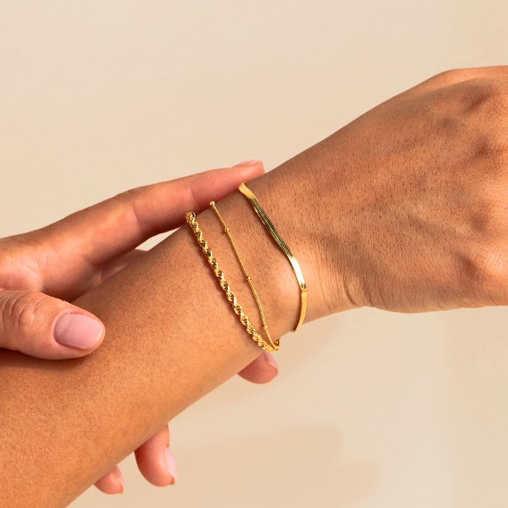 Gold Bracelets for Women Waterproof, 14K Gold Jewelry Sets Trendy Thin Dainty Stackable Cuban Link Paperclip Chain Bracelet Pack Fashion Accessories Gifts for Her - Image 4