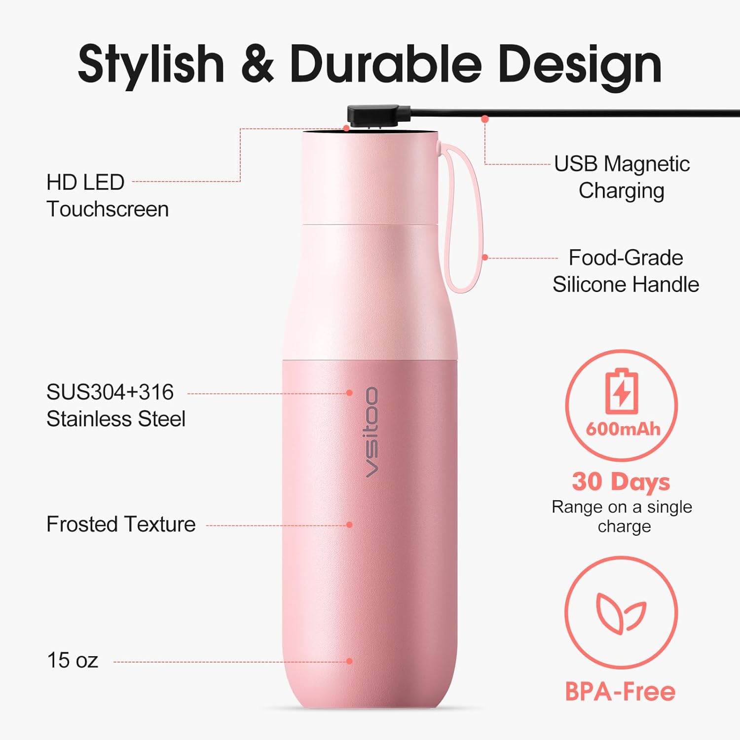 VSITOO 15oz Smart Self Cleaning Water Bottle,Insulated Water Bottle with Stainless Steel, BPA-Free, AI Self-Clean, 30-Day Battery, Magnetic Charging for Travel, Gym or Office, Pink - Image 5