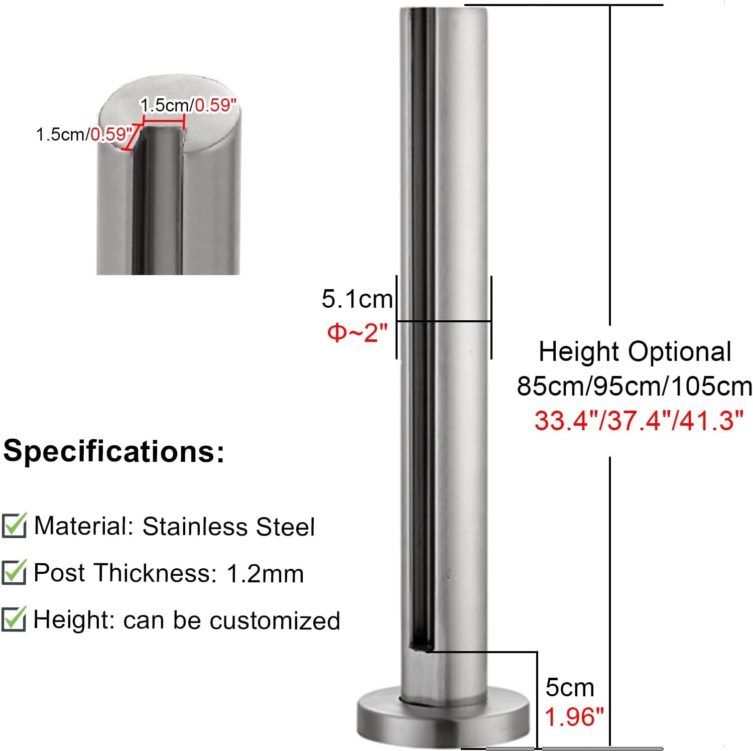 External Balcony Glass Railing Post, Stainless Steel Deck Platform Fencing Column with Hardware, 33.4" / 37.4" / 41.3" Tall (Color : End Post, Size : 105cm/41.3in)