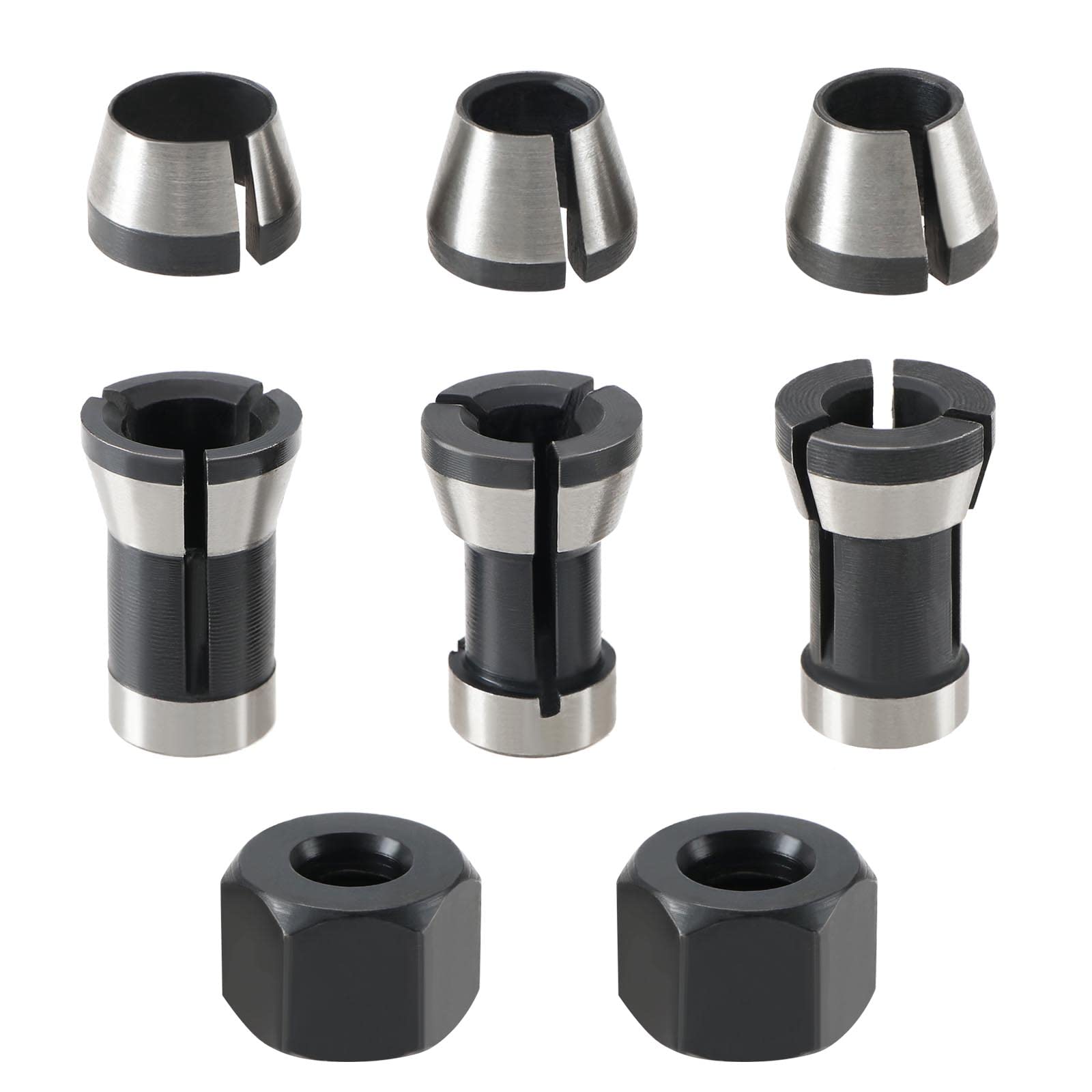 Set with 8Pcs Router Bit Collet Chuck with Screw Nuts Electric Router Clamp Adapter Router Collet Chuck Adapter 6mm 6.35mm 8mm for Engraving Machine
