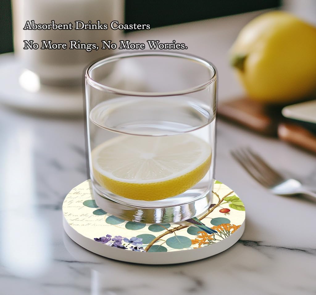 Hummingbird Ceramic Coasters Set of 6 with Metal Holder, Floral Birds Botanical with Eucalyptus Leaves, Drink Coasters for Coffee Table Home Decor, Perfect Unique Gifts for Housewarming image 4