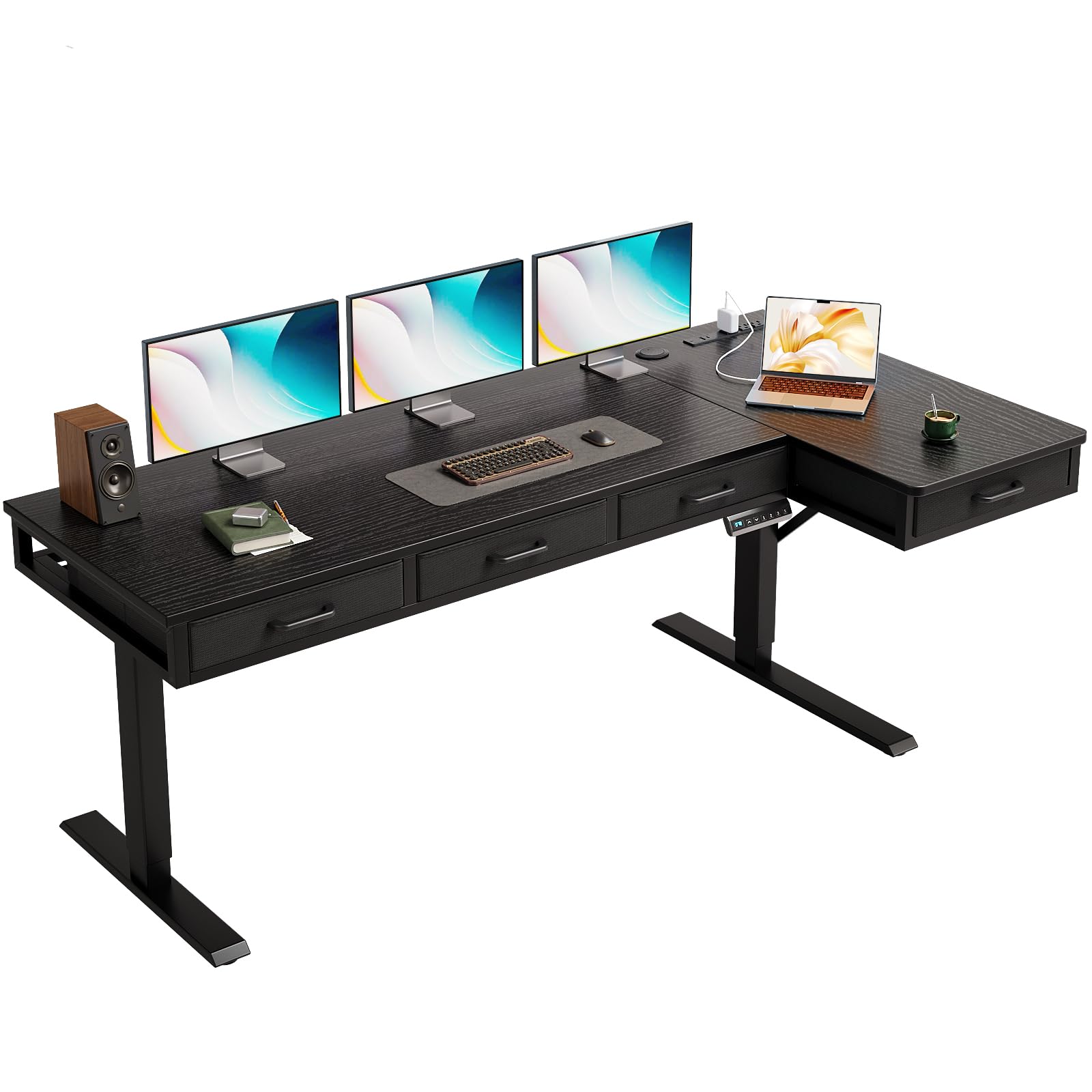 OffiGo 63 Inch L Shaped Electric Standing Desk with Drawers, Height Adjustable Large Desk with Power Outlets, Sit Stand Table, Writing Computer Desk for Home, Office, Workstation, Black