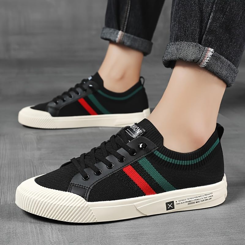 Comfortable Breathable Beige Men's Knit Sneakers - EVA Sole Lace-Up Footwear with Red/Green Strip Detail - Ideal for Daily Use & Running4