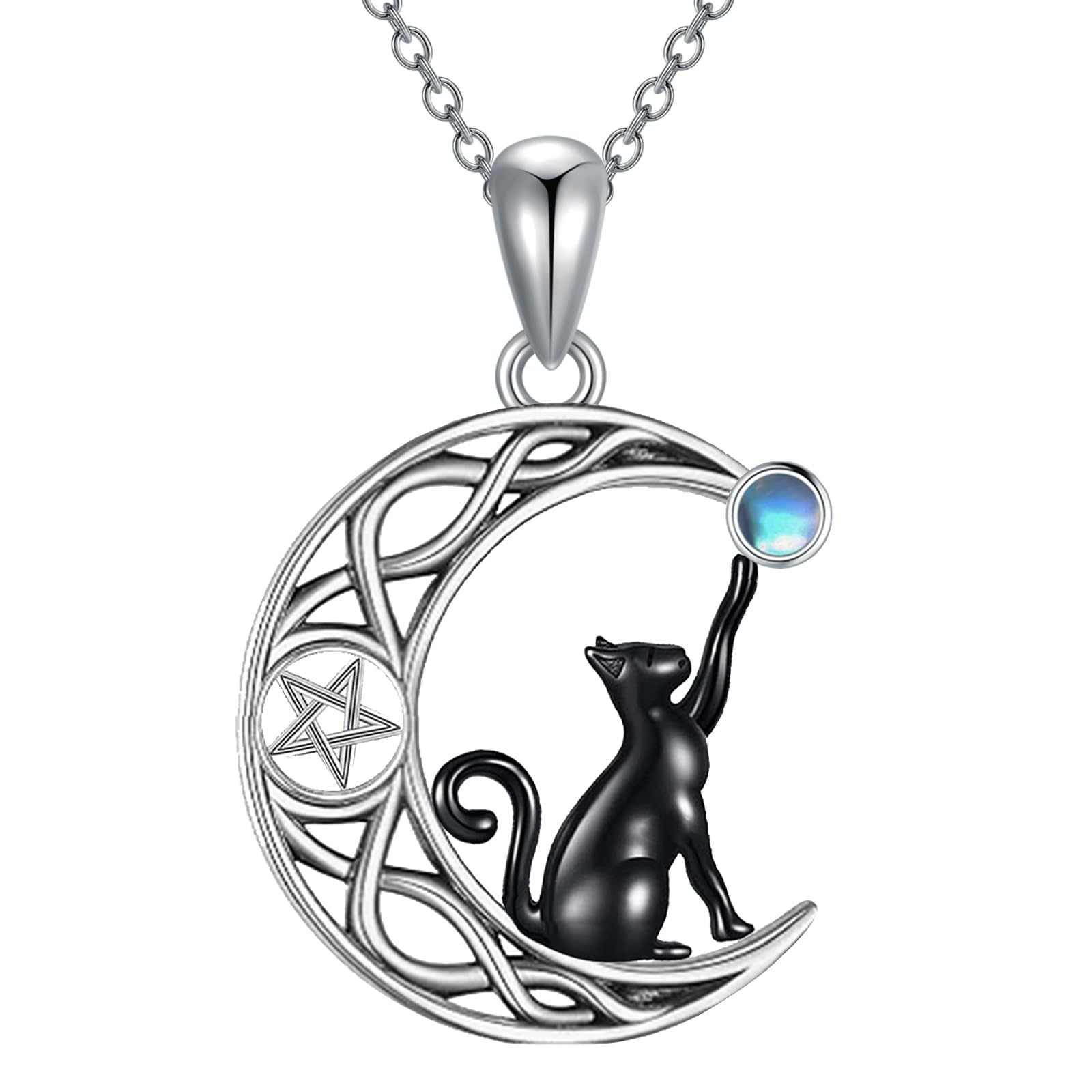 Flpruy Black Cat/Dragon/Fox/Wolf Necklace 925 Sterling Silver Celtic Moon Pentagram Pendant Gothic Jewelry Goth Halloween Gifts for Women