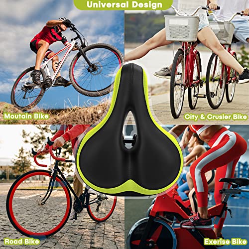 Tonbux Comfortable Bicycle Seat, Bike Seat Replacement With Dual Shock Absorbing Ball Wide Bike Seat Memory Foam Bicycle Seat With Mounting Wrench (Black/Green With Reflective Sticker) #TOP5