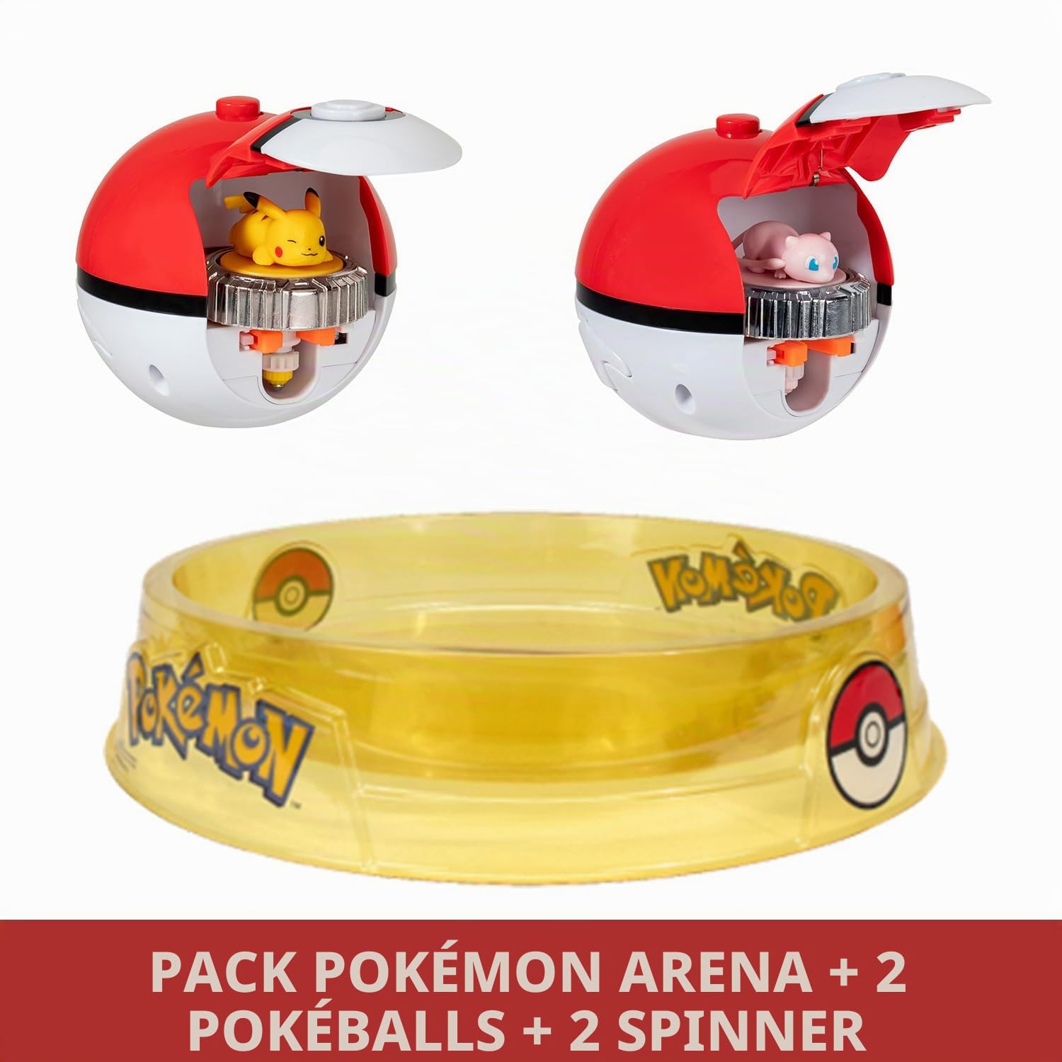 BANDAI - Pokémon-Arena + 2 Spinners inklusive – Arena + 2 Pokéball-Werfer + 2 Pikachu und Mew Kreisel – Kampfspiel mit Pokémon-Kreiseln, mehrere Spieler – Spielzeug für Kinder ab 4 Jahren und + JW4403