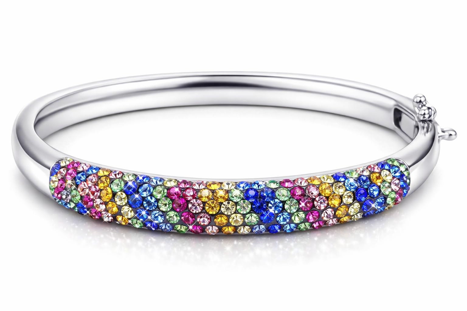 Savlano 18K White Gold Plated Round Cut Rainbow Cubic Zirconia Bangle Bracelet For Women Comes Gift Box