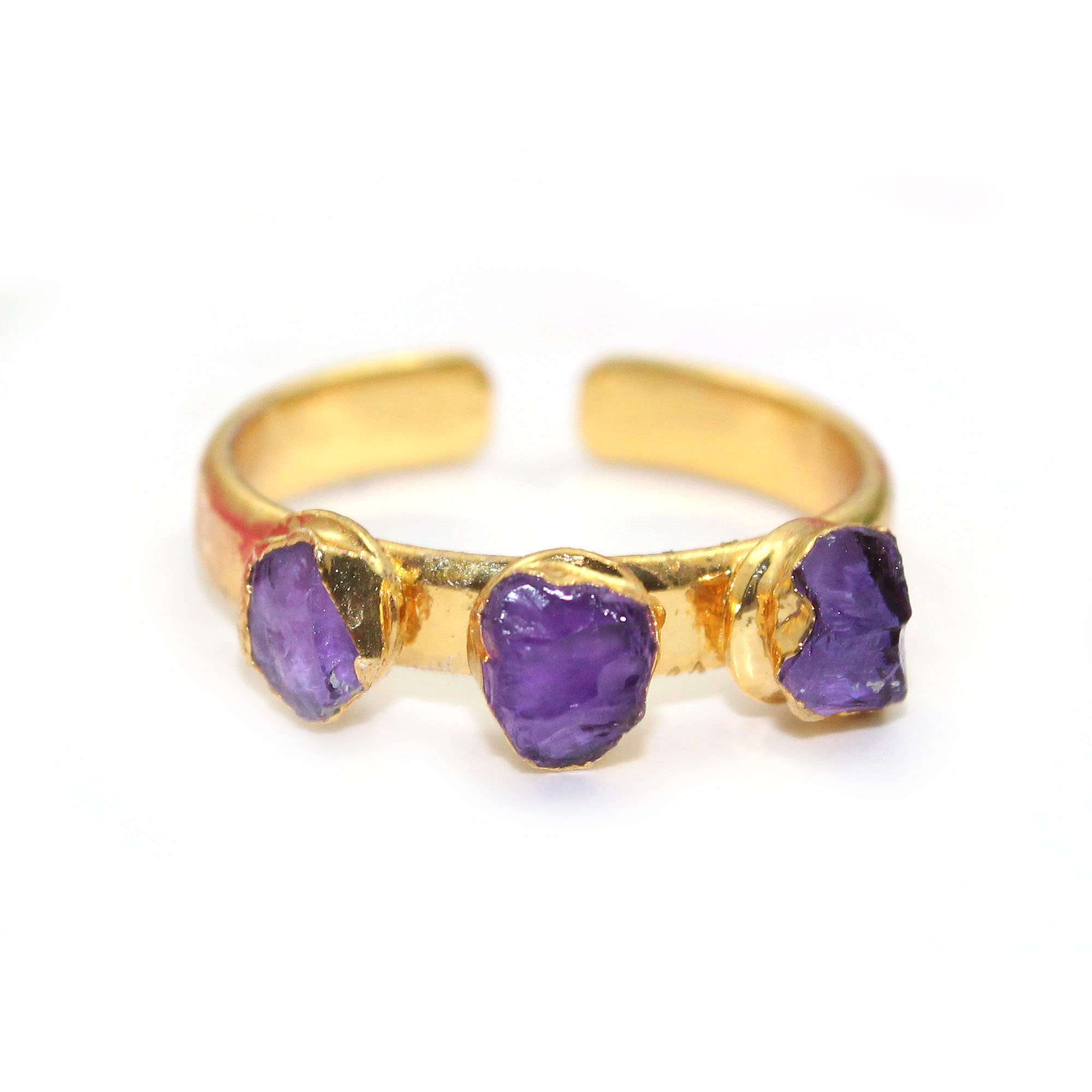 G-Vogue 24K Gold Plated Natural Amethyst Triple Stone Free Size fashion stylish & classy ring design for girls and women