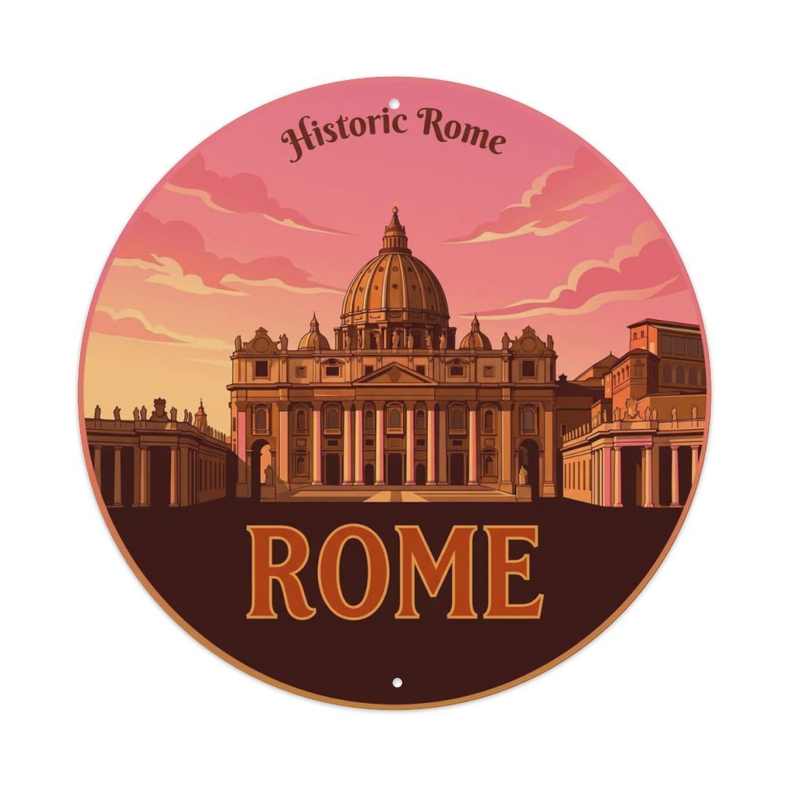 Cathedral Historic Rome City Classic Destination Heritage Metal Tin Sign Plaque Wall Decor for Cafe, Man Cave, Club Bar, Office, Home Garden Round Metal Poster 8x8Inch