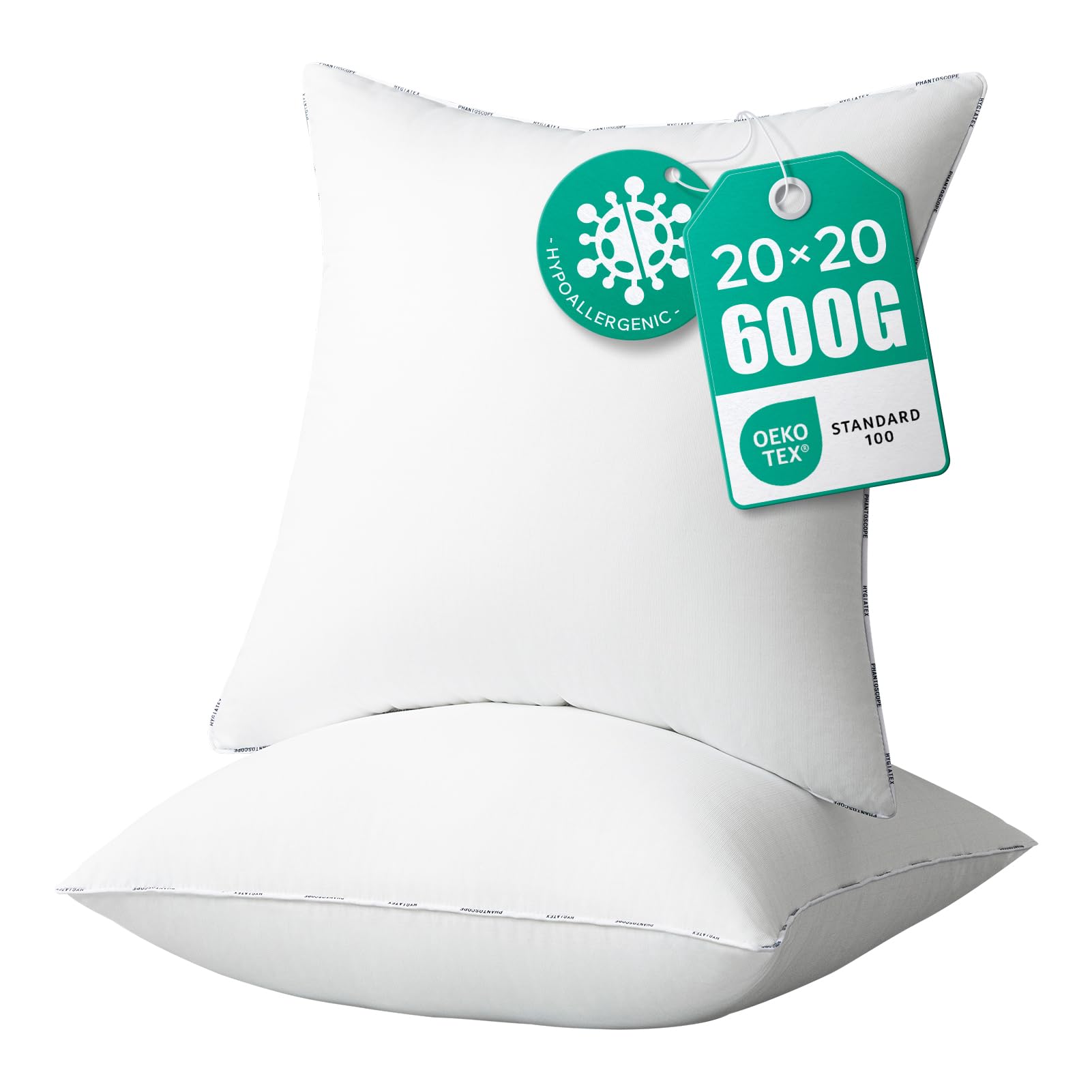 Pillows Insert (Pack of 2, 20 x 20 Inches, White) - Hypoallergenic 100% Virgin Fiber Square Form Microfiber Throw Pillows - Indoor Decor Pillow Inserts Stuffer, Bed Sofa and Couch