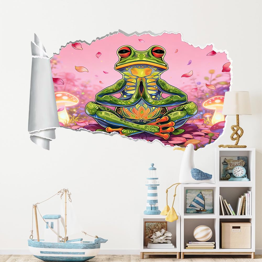 3D Wandtattoo Wanddurchbruch, Frosch-Yoga Durchbruch Wandaufkleber für Kinderzimmer, sticker für Wohnzimmer, Pilz Wandsticker, Wandbild Junge Mädchen Schlafzimmer