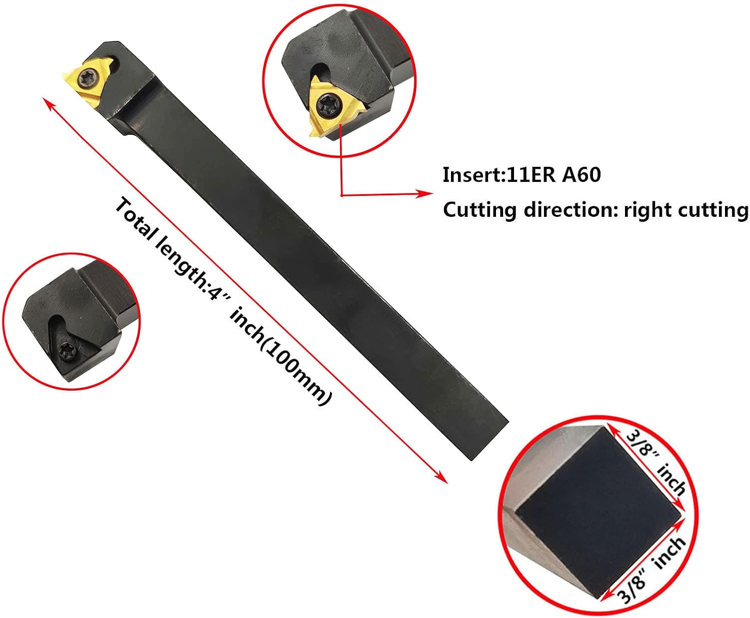 3/8" Lathe Threading Turning Tools with Threading Threading Indexable Turning Inserts (3/8" SER1010H11)