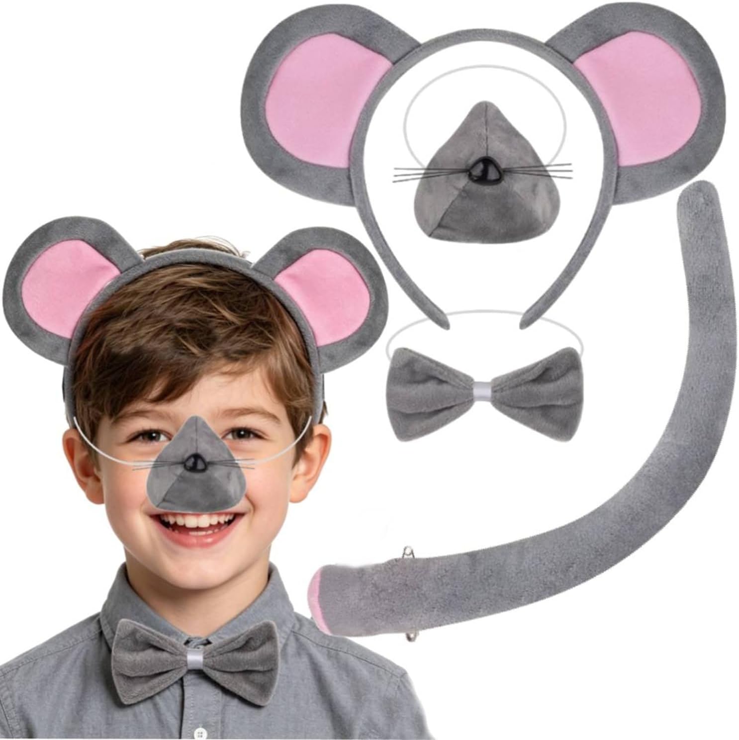 Kids Chef Gray Mouse Headband Tail & Bowtie 4pcs Set Costume