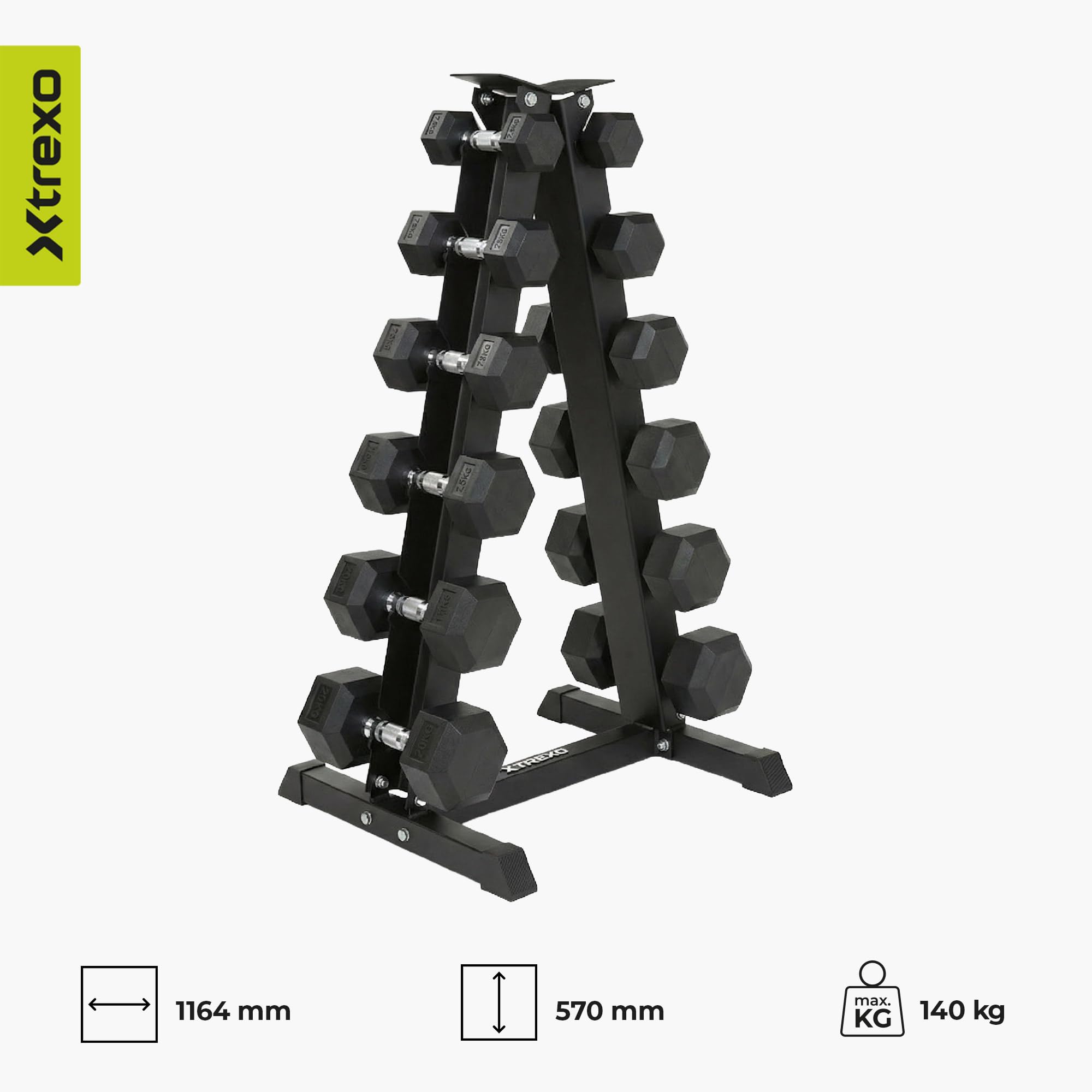 Stojak na hantle na 6 par hantli – stabilny stalowy stojak na hantle z gumowanymi uchwytami, maks. 140 kg, kształt piramidy, oszczędność miejsca, do domowej siłowni