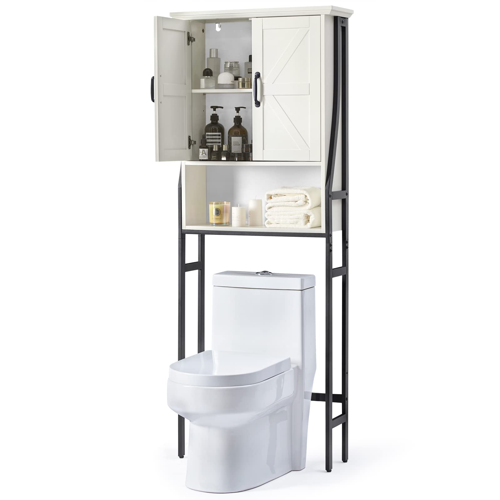 MXARLTR Over The Toilet Storage Cabinet, Over Toilet Bathroom Organizer, Above Toilet Storage Cabinet with Barn Doors Behind Toilet Bathroom Organizer Over-The-Toilet Cabinet (Cream White)