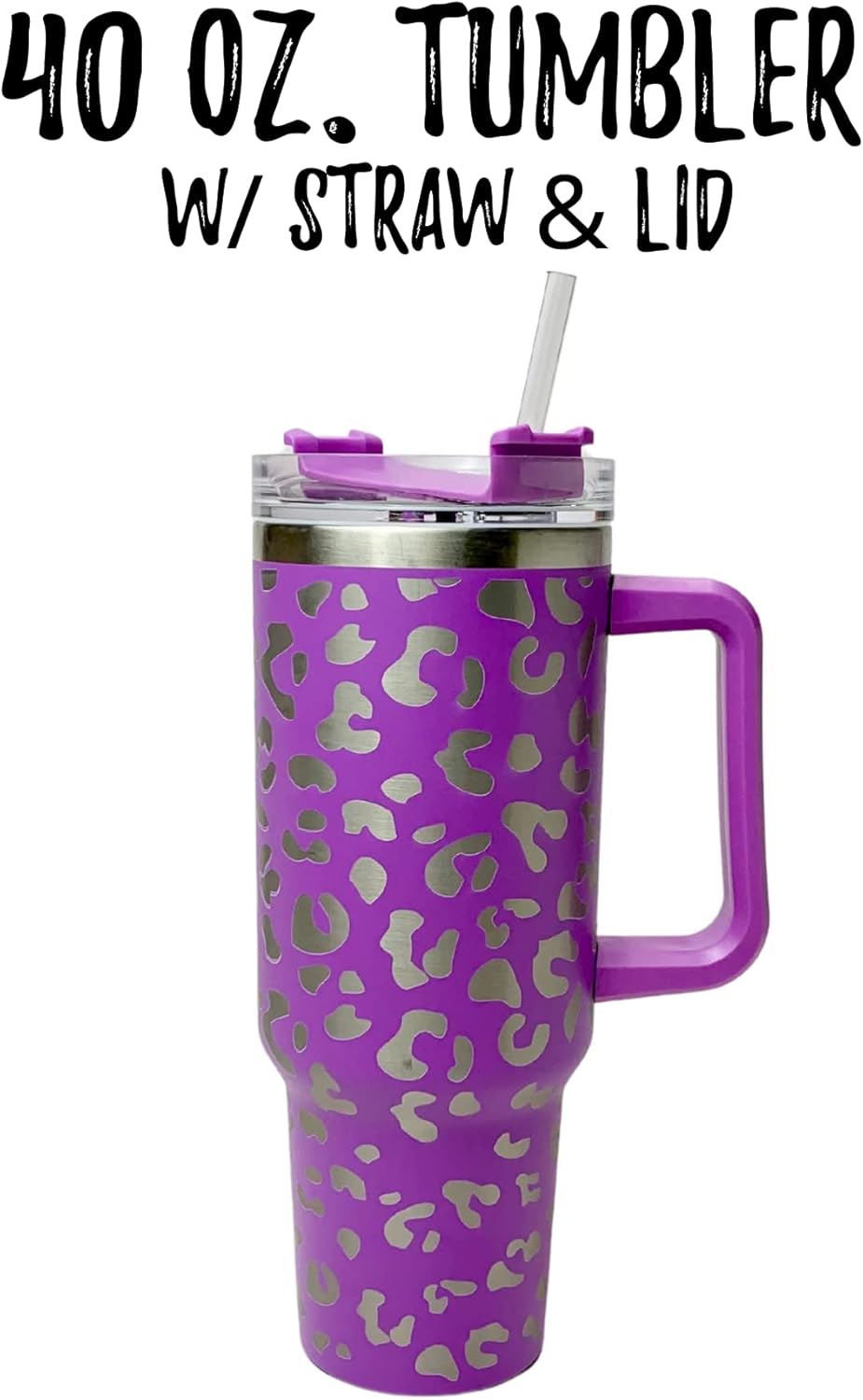Lashicorn 40 Oz. Tumbler with Handle and Straw Purple Leopard Silver 10” tall Cup lid included Insulated Stainless Steel Vacuum Travel Mug Boutique Cheetah Print Purple - Image 4