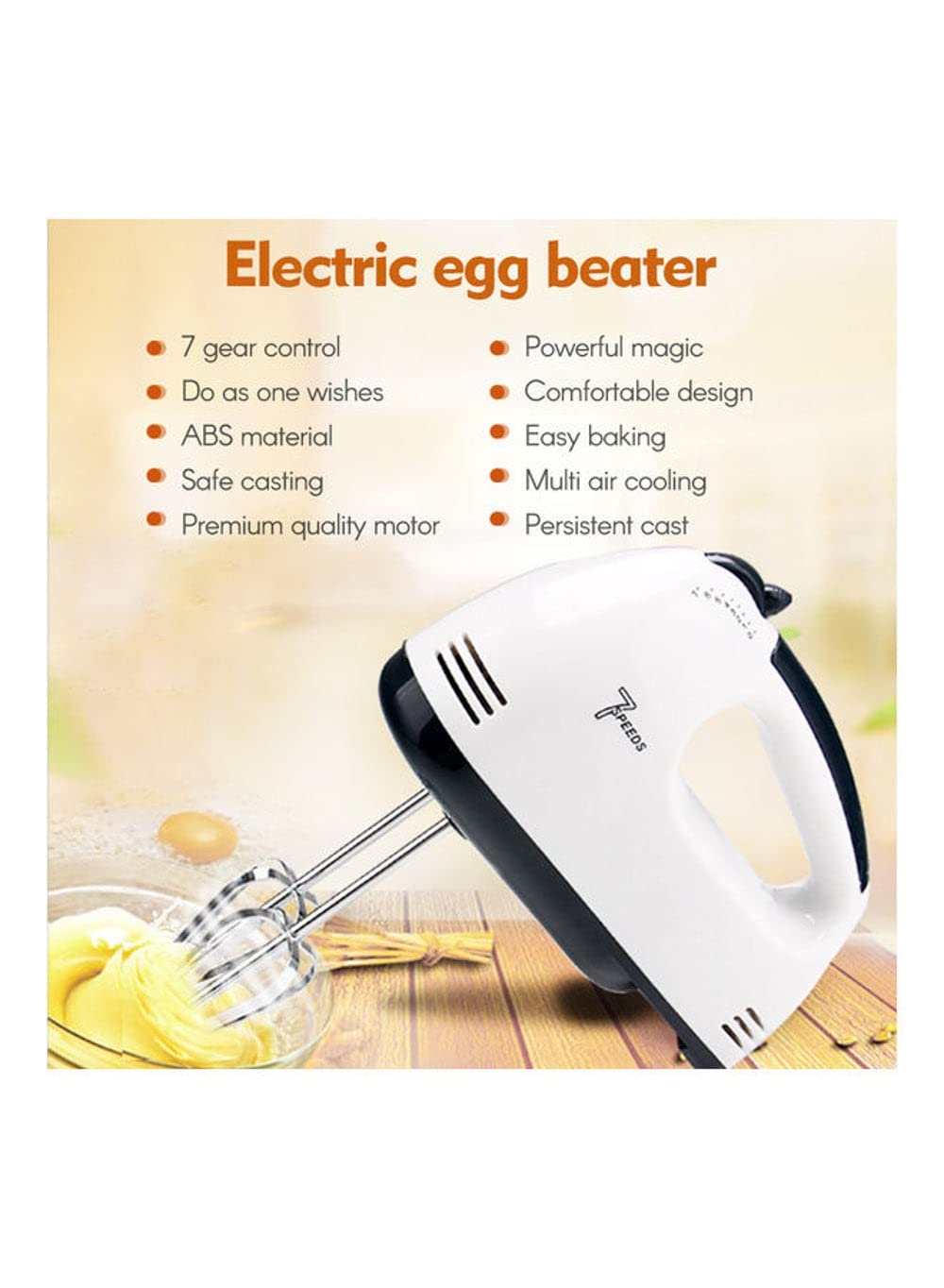 Dubai Gallery 7 Gear Electric Egg Beater Automatic Hand Mixer Blender Plastics Rotating Push Whisk Cream Mixer Stirrer (220V) 0 L Mh1068 White