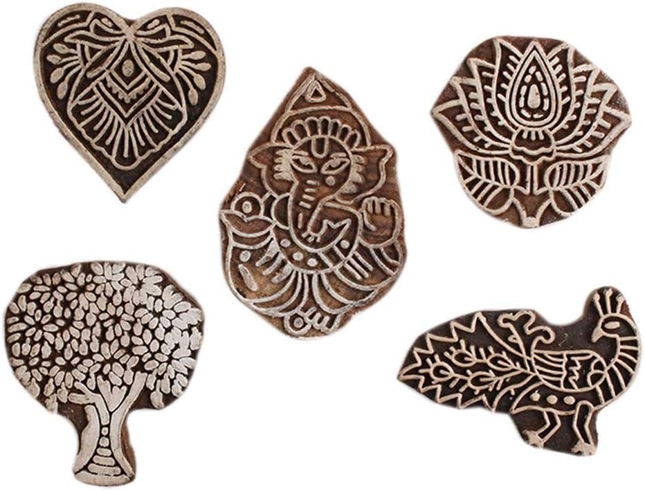 Indian Shelf Vocalforlocal Handmade Brown Set of 5 New Mix Wooden Printing Block