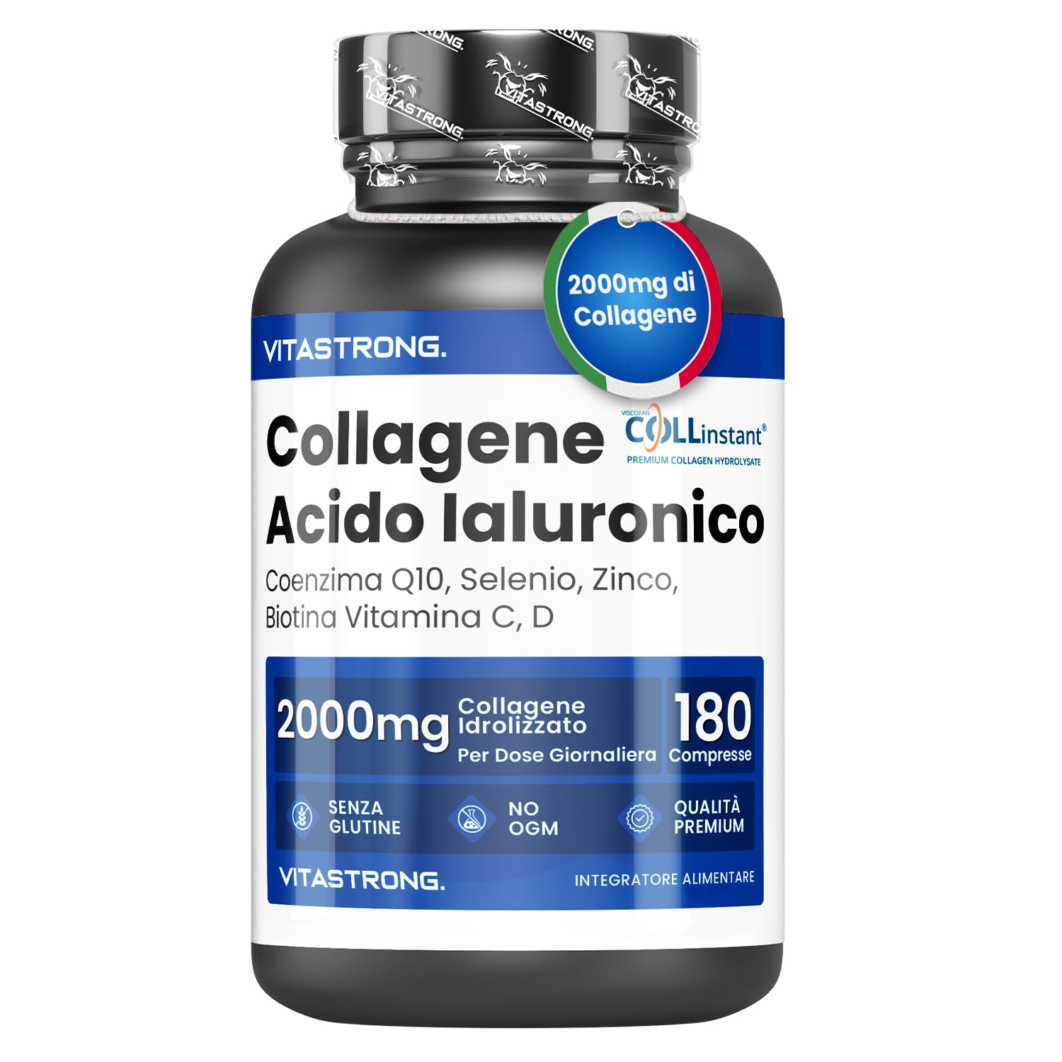 COLLAGENE IDROLIZZATO 2000MG Vitastrong - COLLinstant Collagene e Acido Ialuronico con Biotina, Coenzima Q10, Zinco, Selenio, Vitamina C, Vitamina D - Formula Efficace - Qualità Premium
