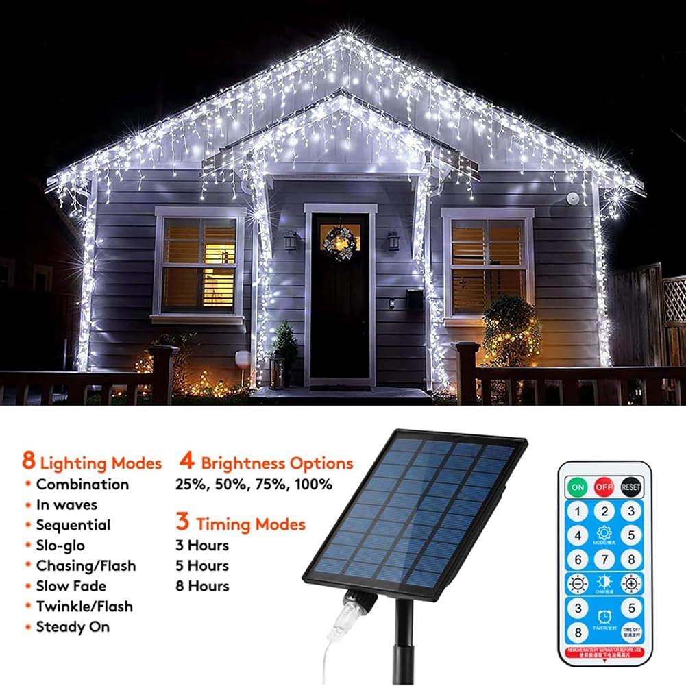 3 IN 1 Solar Eisregen Lichterkette Außen, Wasserdichte Vorhang Lichter 8 Modes LED Beleuchtung Außen, String Lichter mit Fernbedienung Mit Timer und Speicher Wasserdicht Solarlampe,6000k,15M